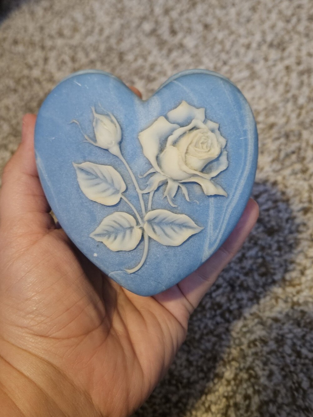 Vintage Blue Heart White Rose Relief Trinket Box
